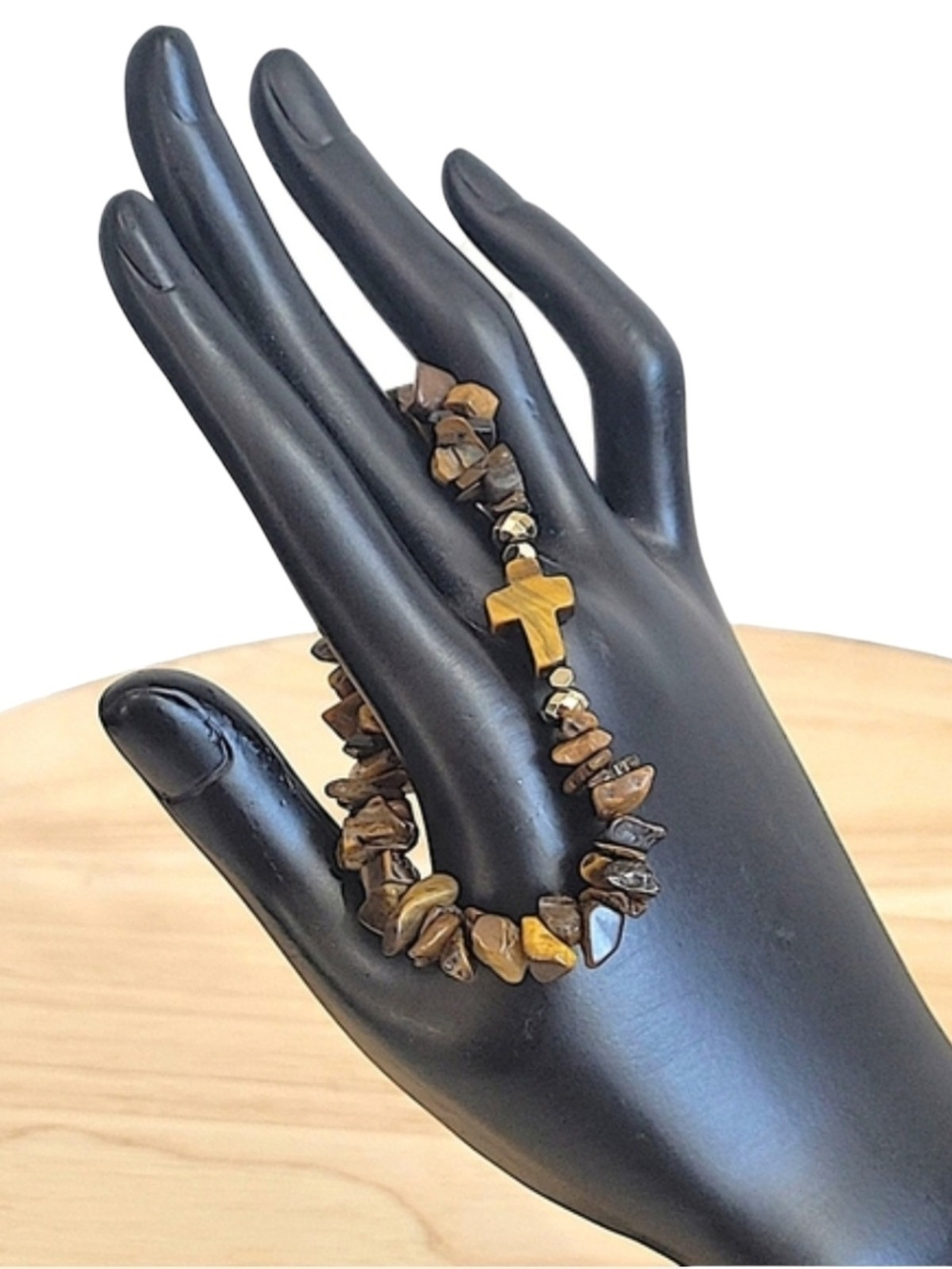 Hand Crafted Tiger Eye Chip 7" Bracelet with Cross Accent